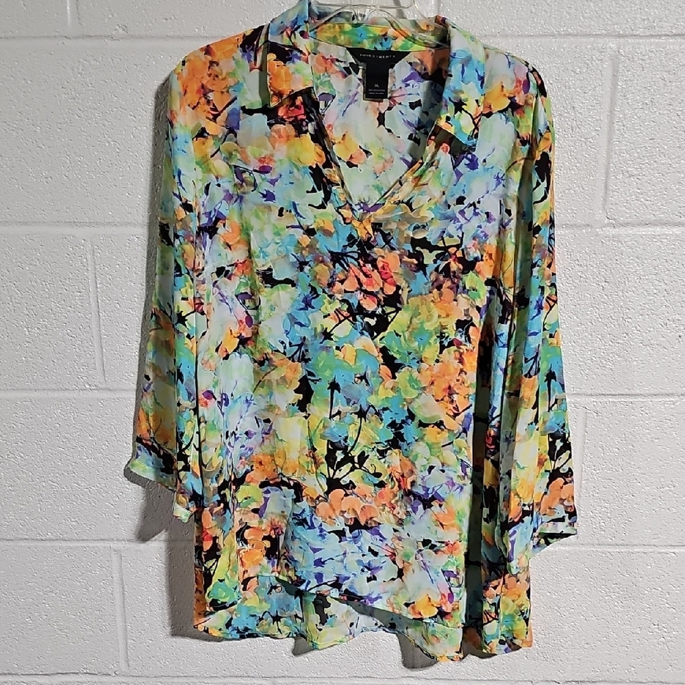 Investments Blue and Orange Asymmetrical Blouse with Notched Collar